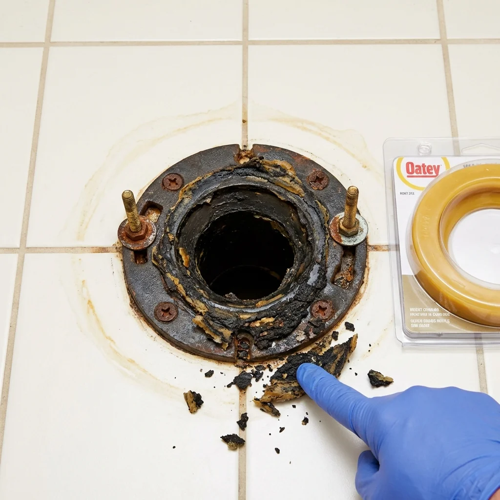 Failed wax ring showing water seepage at the base of a toilet in a Douglas, WY home